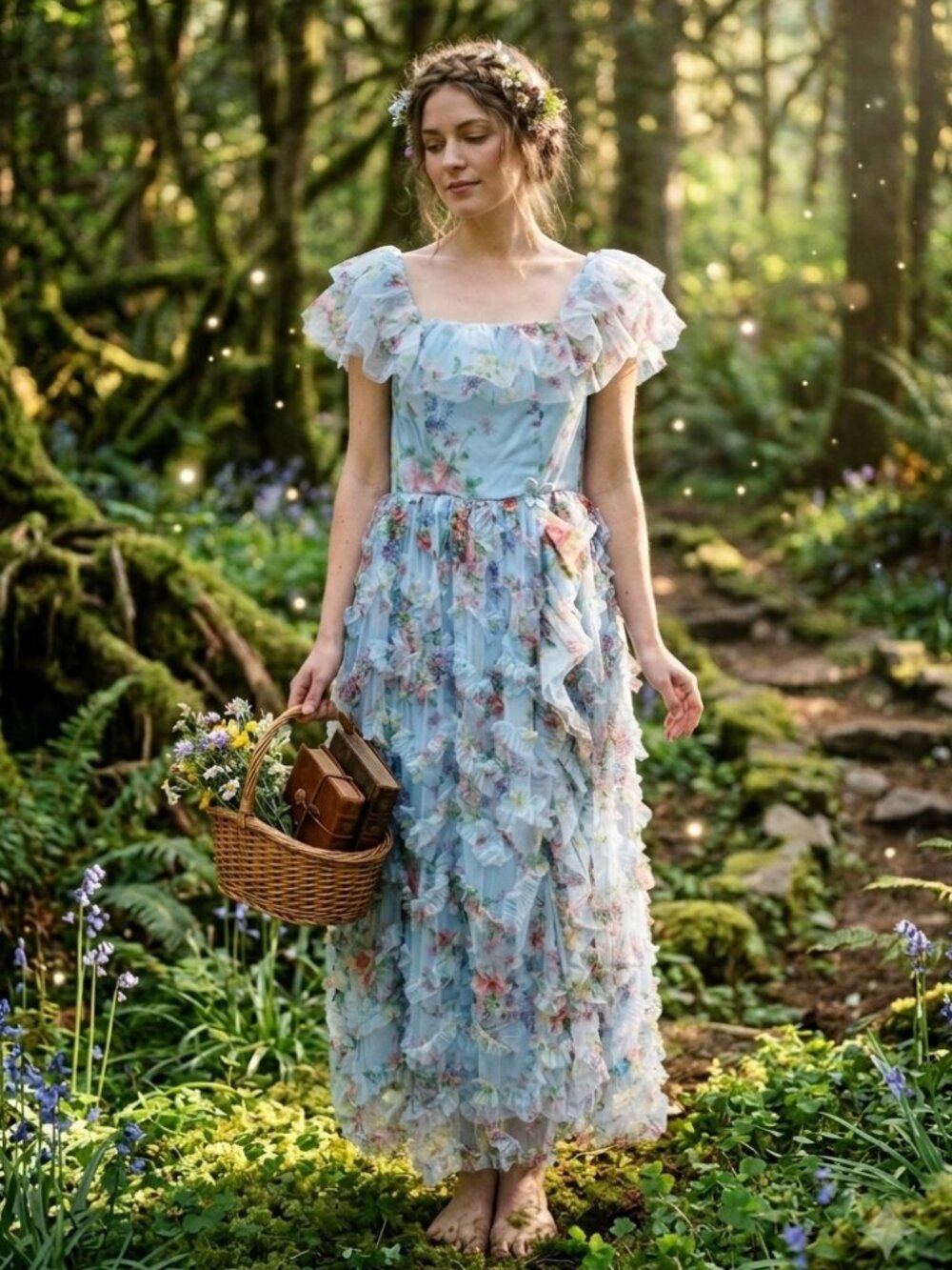 Faeriesty Floral Tulle Ruffle Maxi Dress Light Blue Fairycore Cottagecore Large